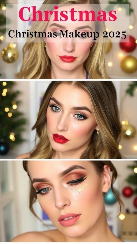 Collage of Christmas makeup looks including red lips, glittery eyes, and smoky eyes with gold accents.